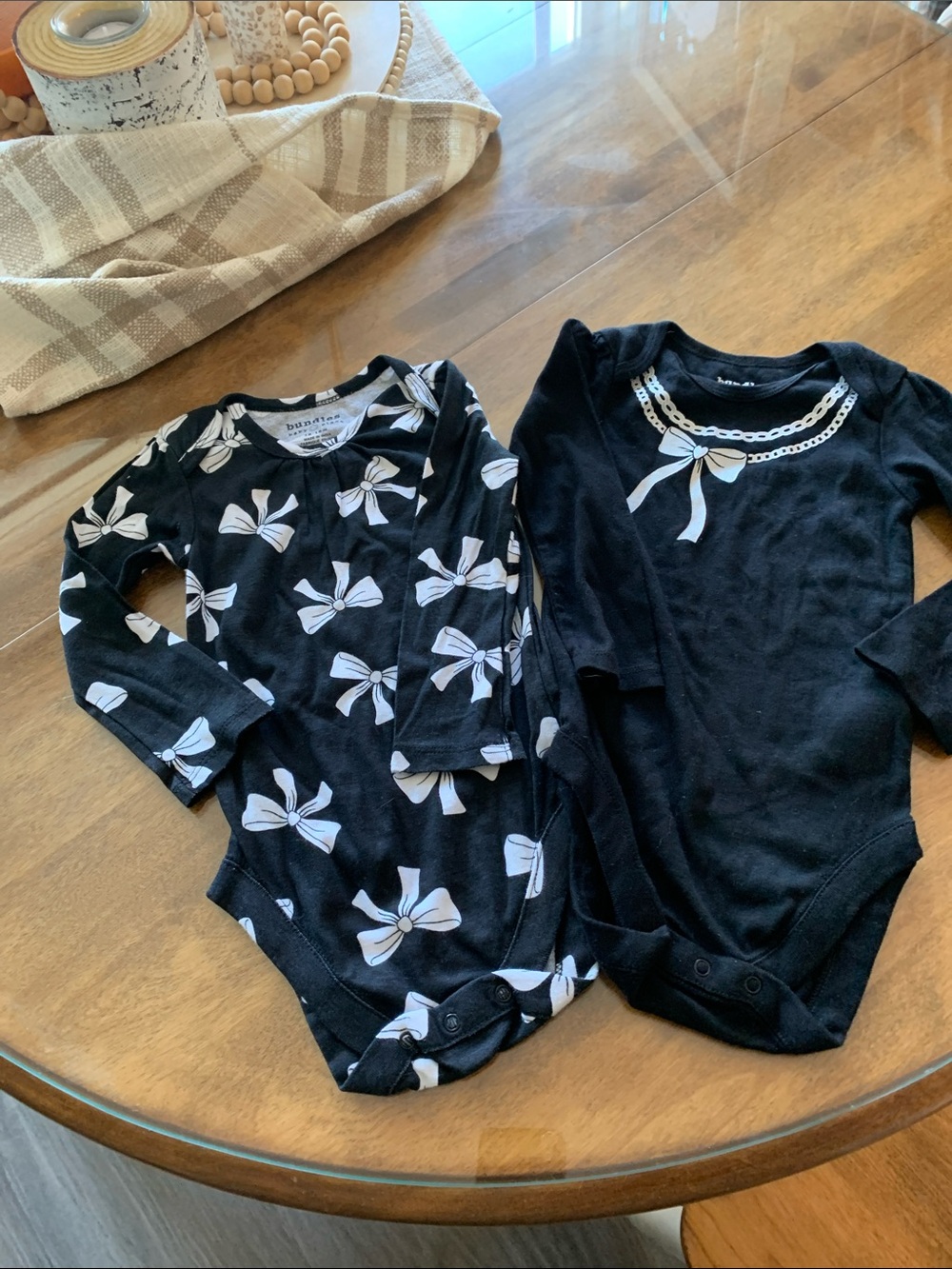 Black Long-Sleeve Baby Bodysuits with White Bow Detail - 2-Pack